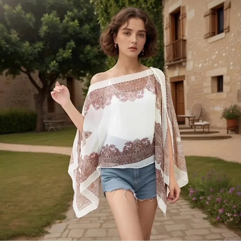Lightweight Chiffon Peplum Shawl Scarf Jacquard Beach Cover Up Button Wrap